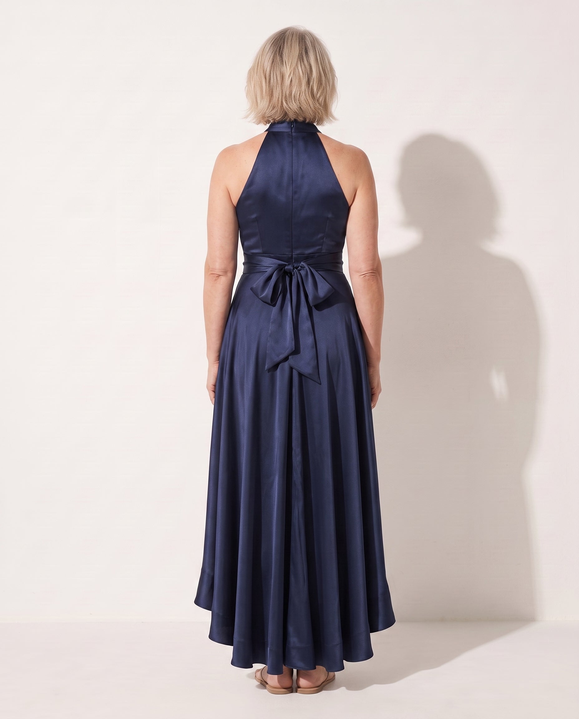 Amandine | Halter Neck Satin Maxi Dress With Ruffle Hem — achterkant