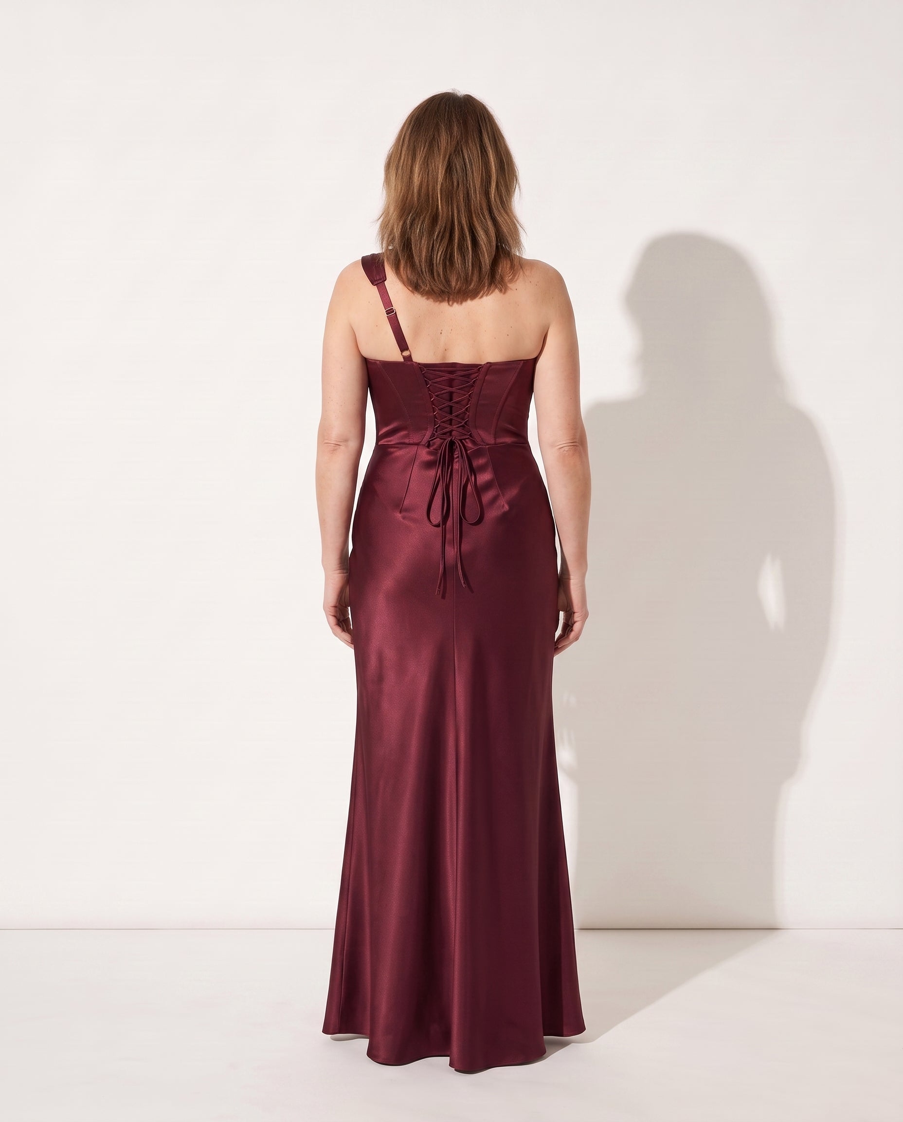 Lucienne | Long Sleeve Satin Dress One Shoulder Corset Maxi — achterkant