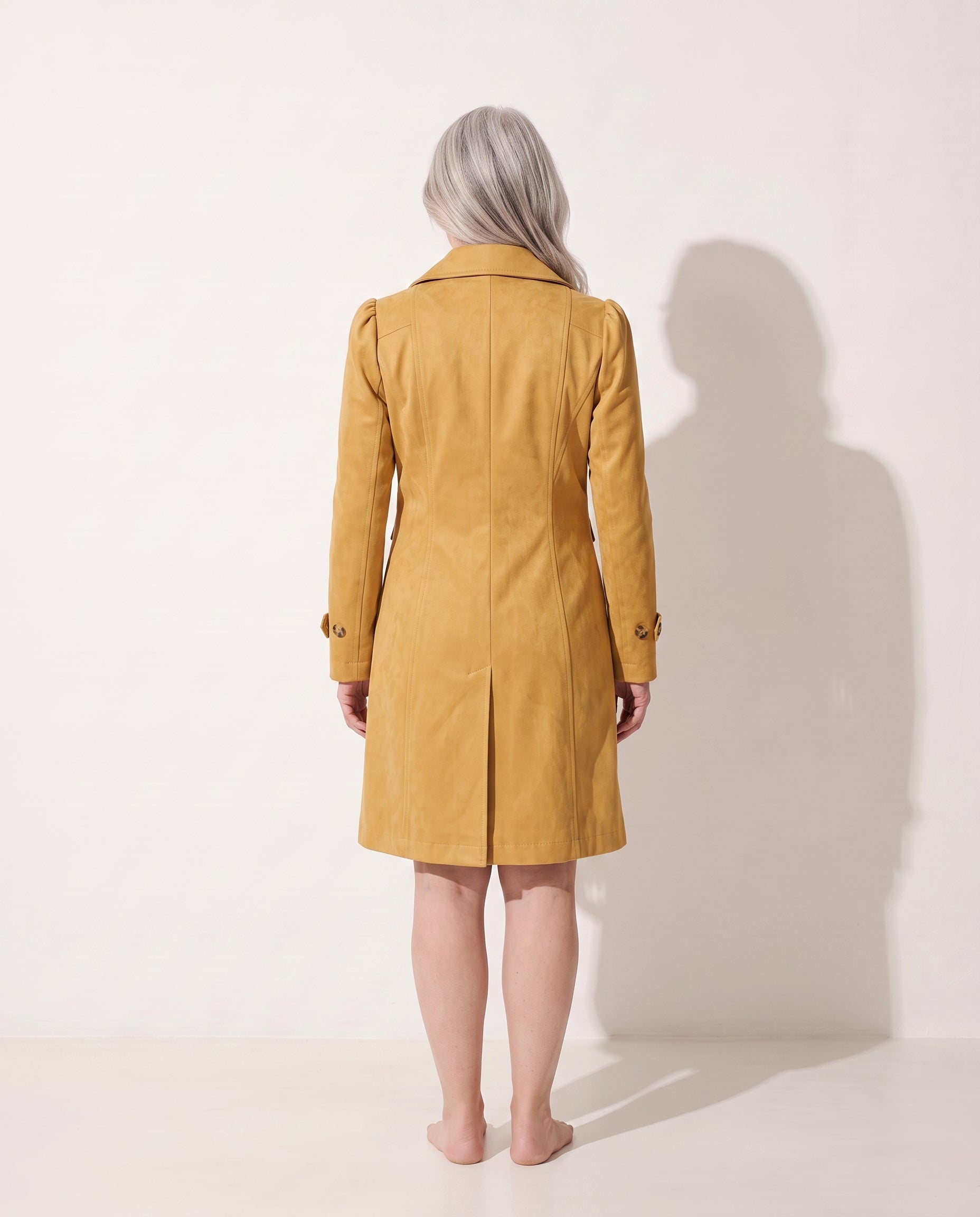 Solene | Womens Leather Trench Coat Tailored Long Blazer — achterkant