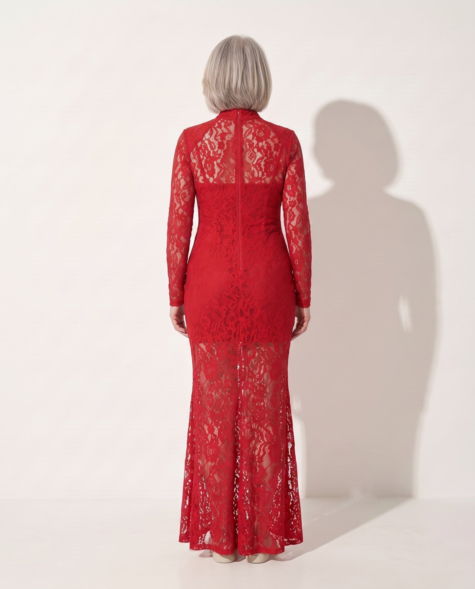 Floriane | Sheer Lace Turtleneck Bodycon Evening Dress — achterkant