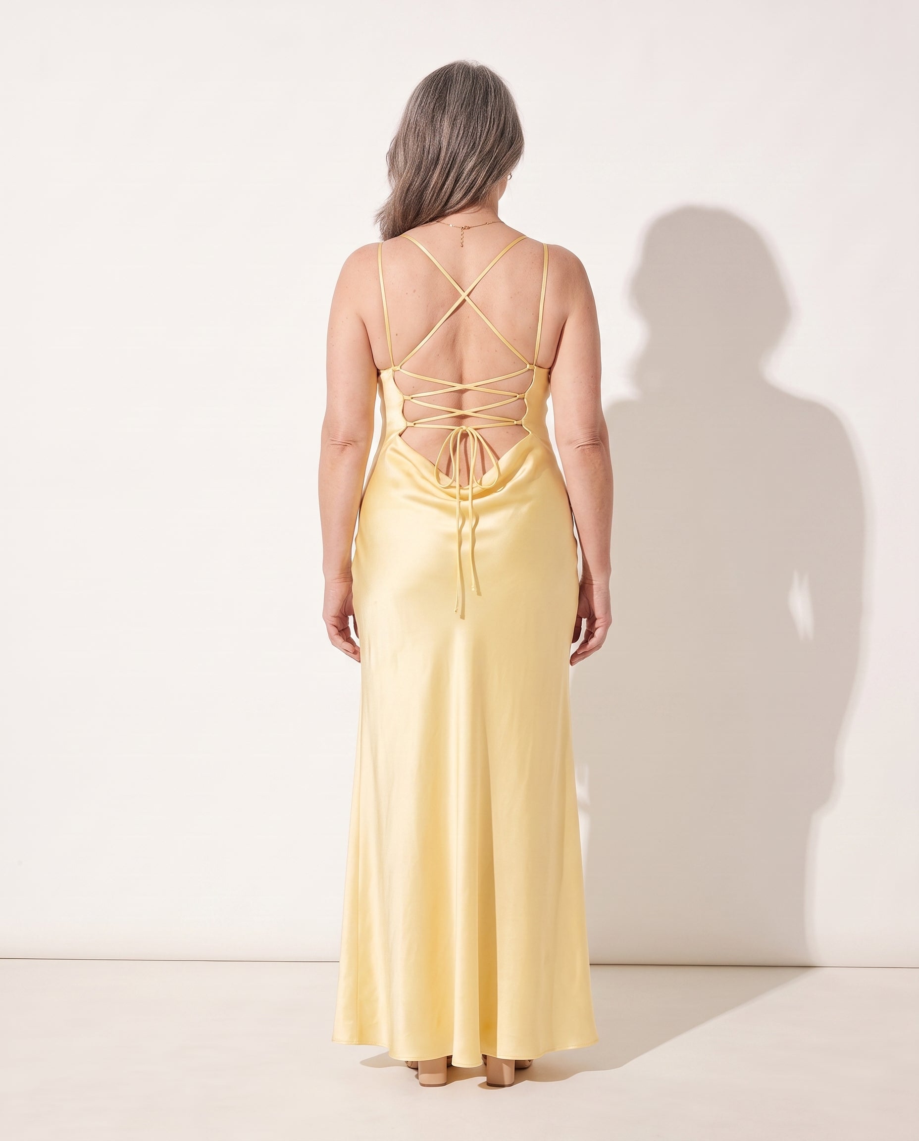 Theodora | Satin Maxi Wedding Guest Dresses with Split — achterkant