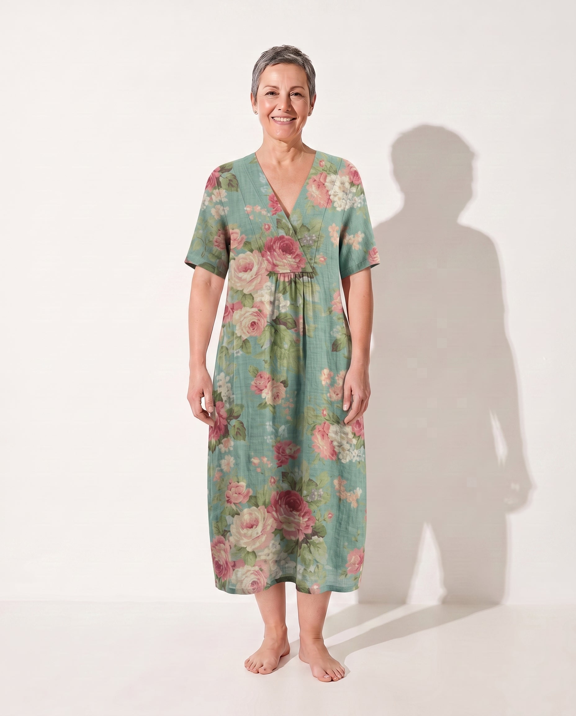 Theodora | Floral Long Sleeve Midi Dress for Garden Parties — Aqua Mint