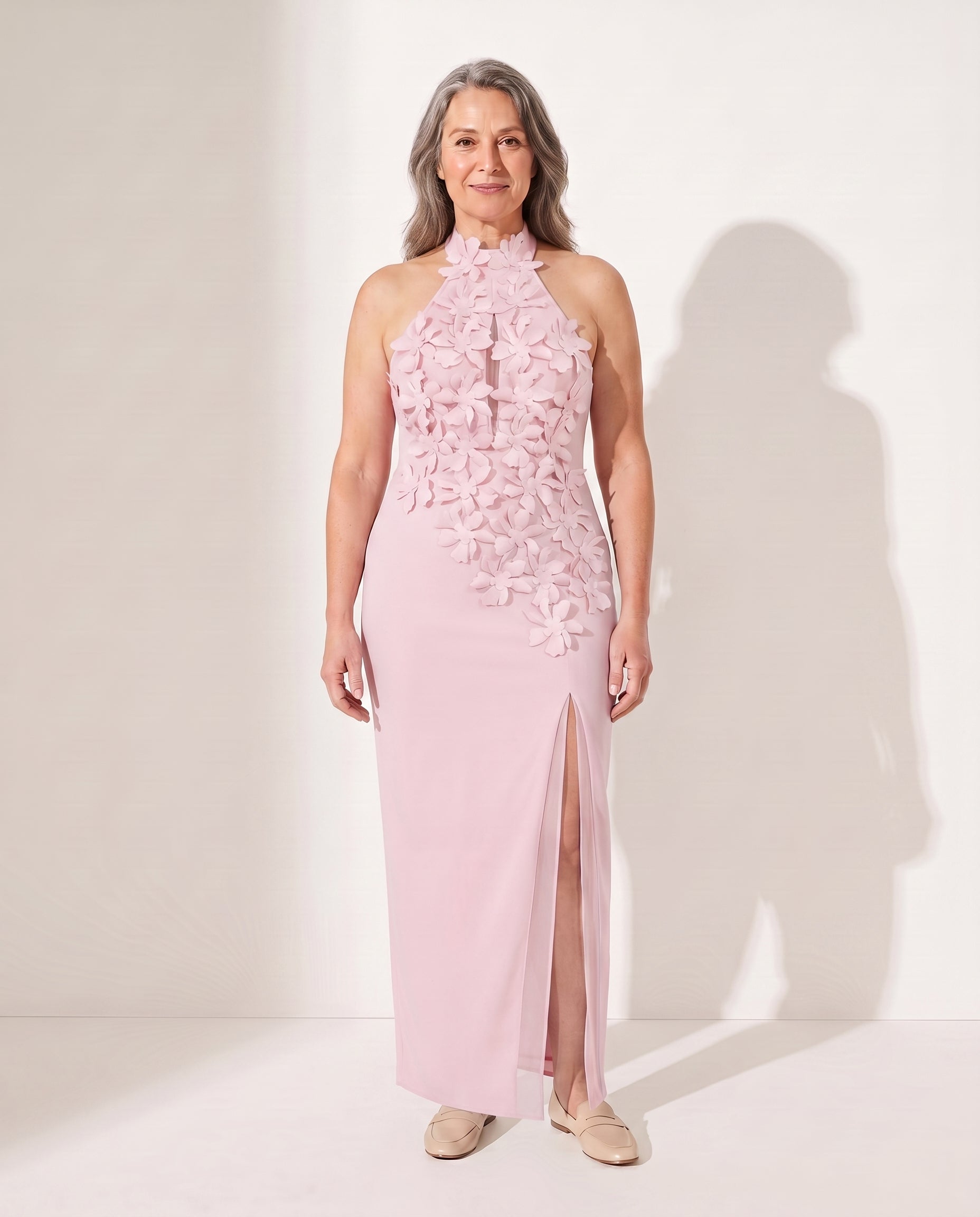 Henriette | Formal Dresses For Women Halter Floral Maxi — Baby Pink