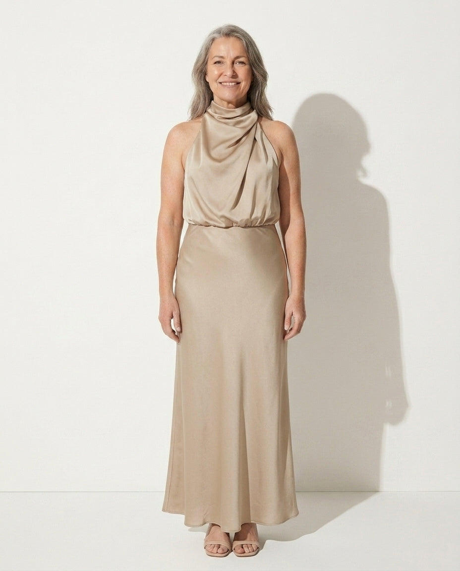 Daphne | Cinderella Cowl Neck Slip Wedding Dress Midi — Beige