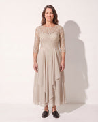 Eloise | Embroidered Lace Midi Wedding Guest Dress — Beige