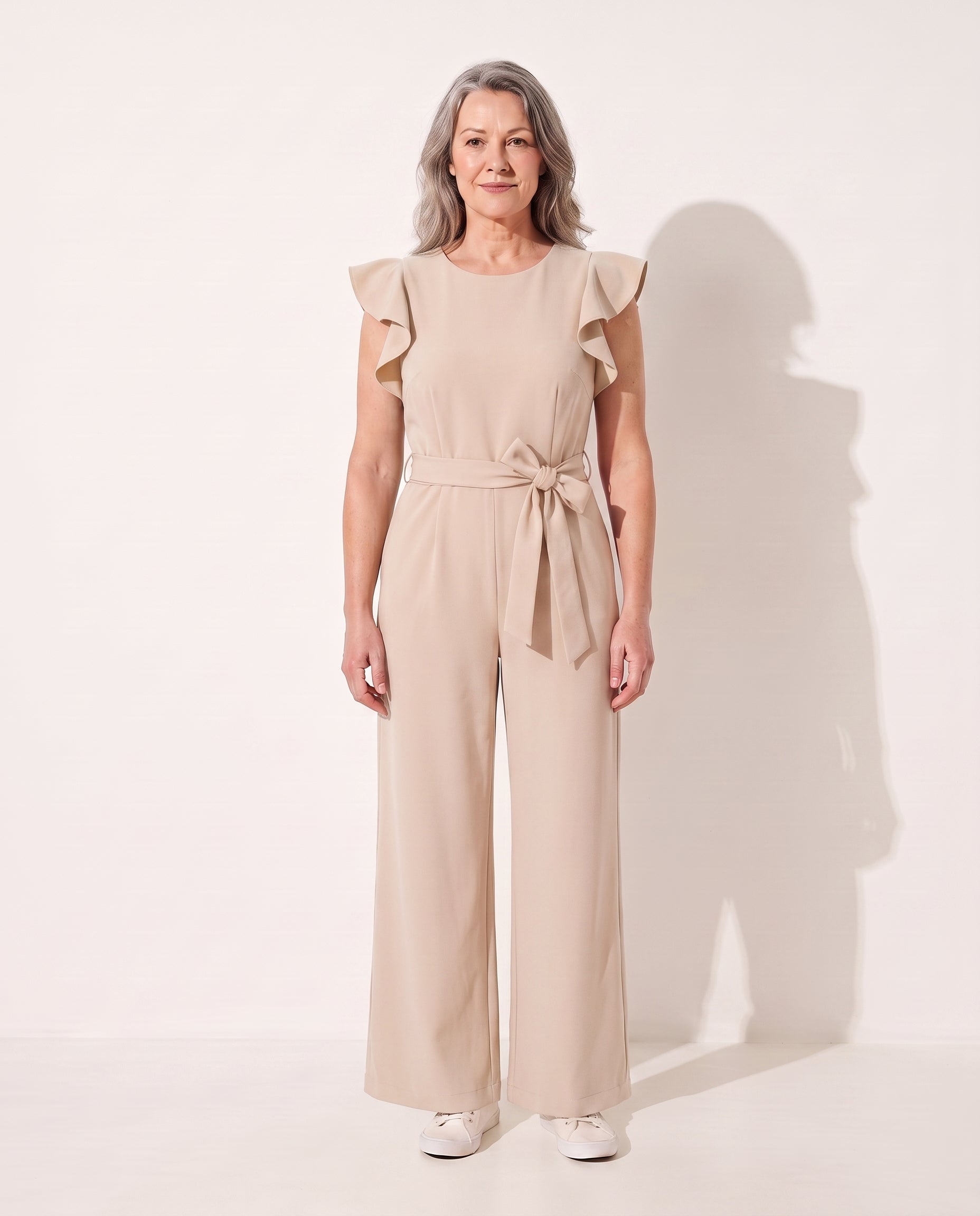 Eulalie | Elegant Wide Leg Evening Jumpsuits With Ruffle Detail — Beige