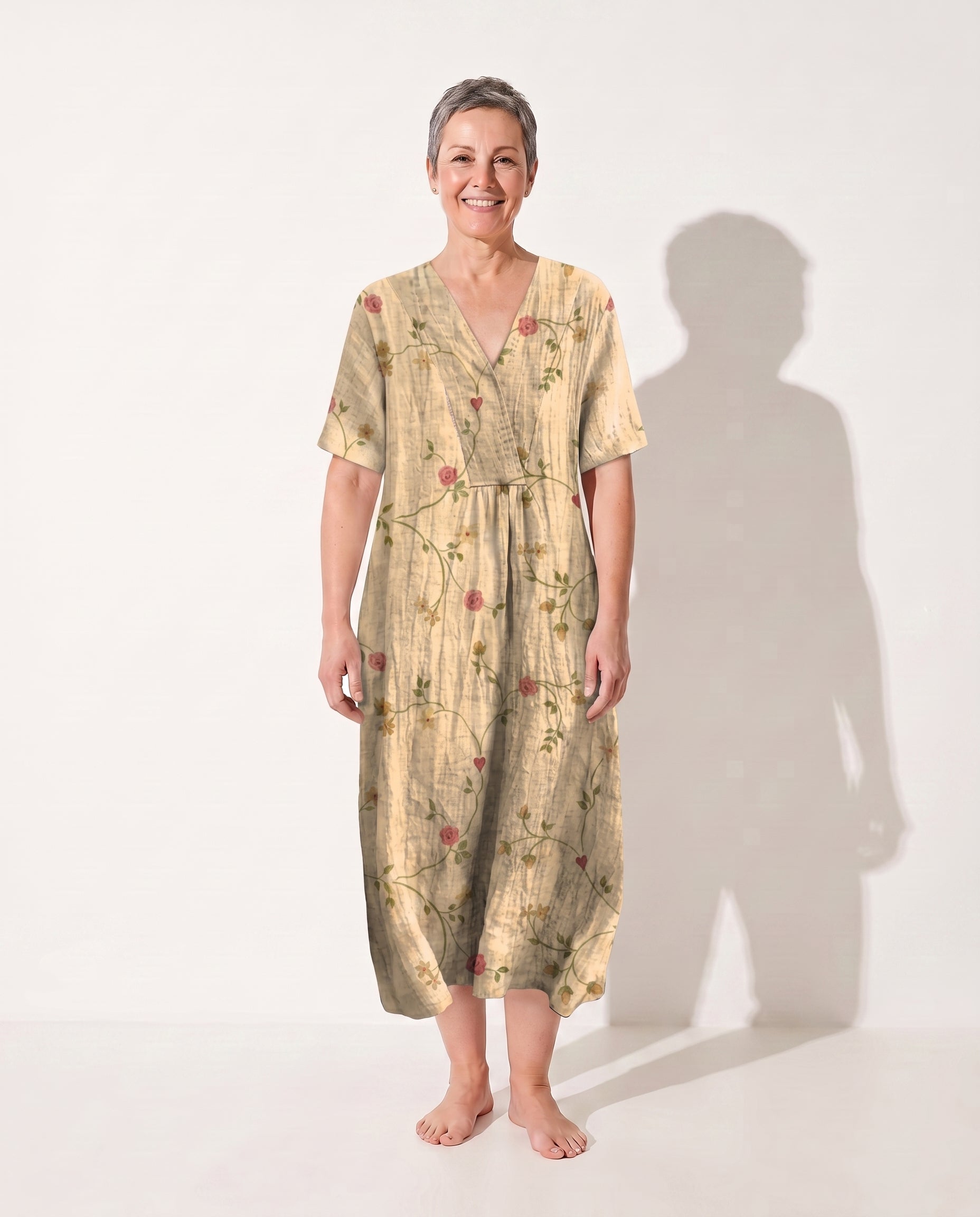Theodora | Floral Long Sleeve Midi Dress for Garden Parties — Beige