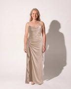 Coralie | Plus Size Evening Dresses Draped Satin Split Maxi — Beige