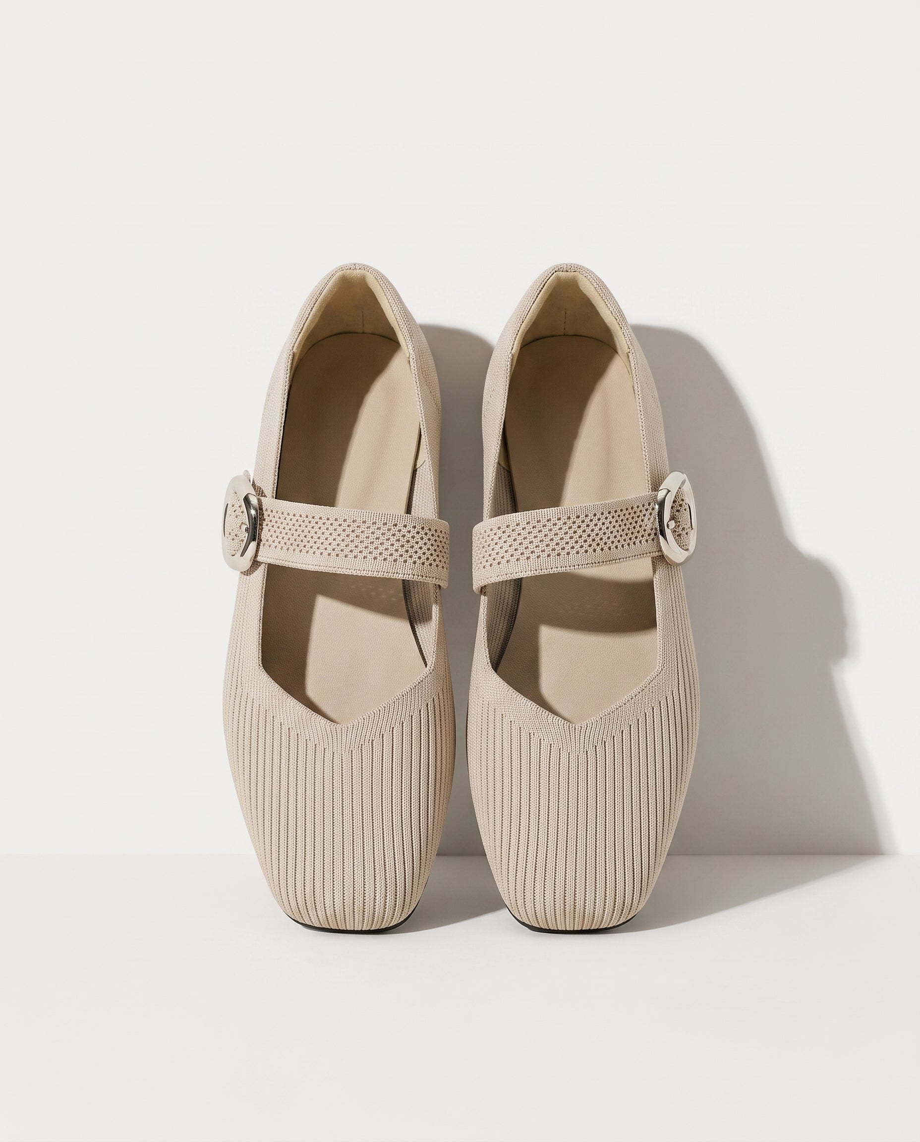 Sidonie | Womens Square Toe Knit Mary Jane Buckle Boots — Beige