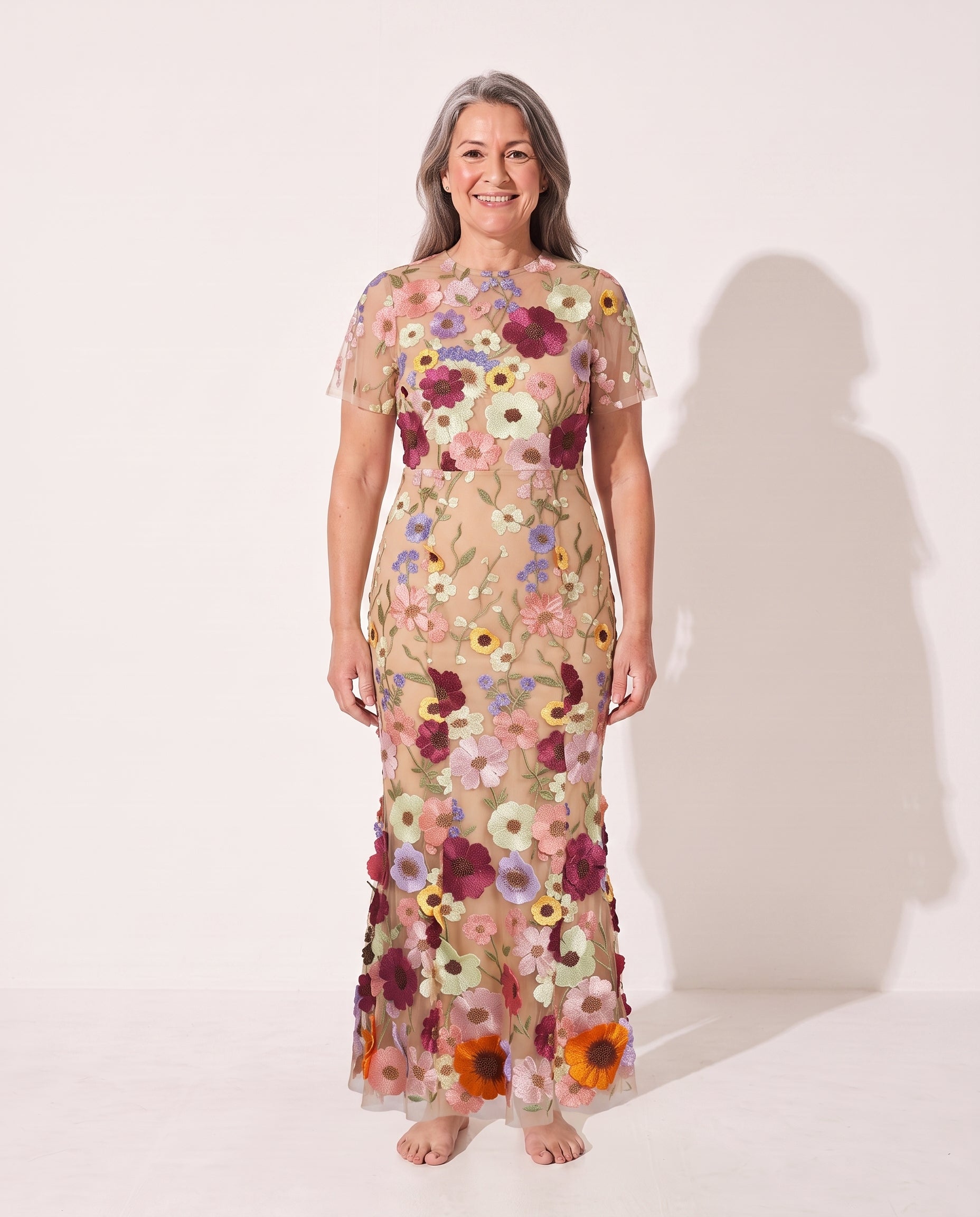 Agathe | Floral Appliqué Autumn Wedding Guest Dresses Midi — Beige