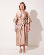 Quintessa | Satin Brooch Midi Dress Kimono Sleeve — Beige