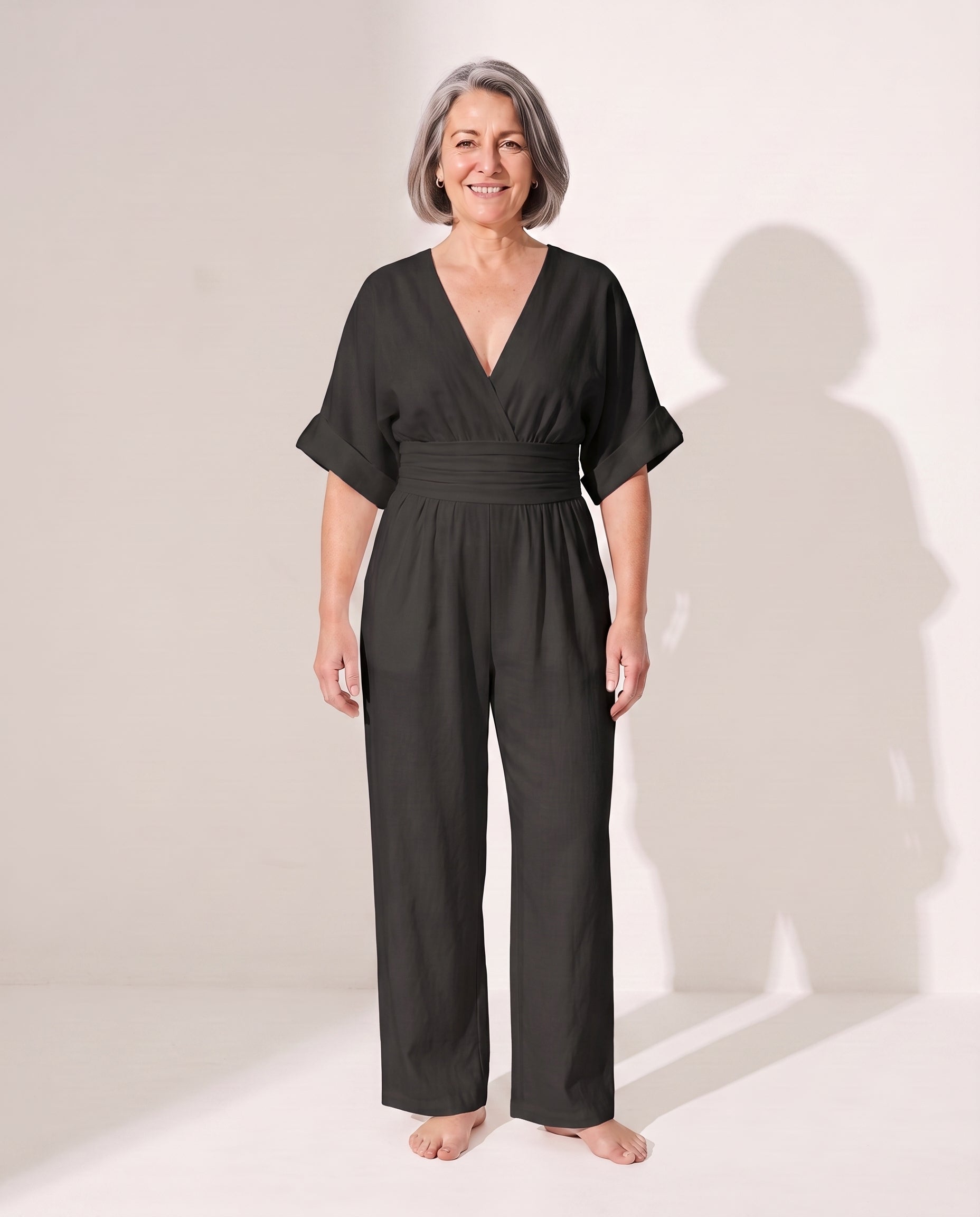 Penelope | Wide Leg Casual Jumpsuit With Cinched Waist — Black