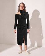 Edith | Ruched One Shoulder Midi Wedding Guest Dress — Black