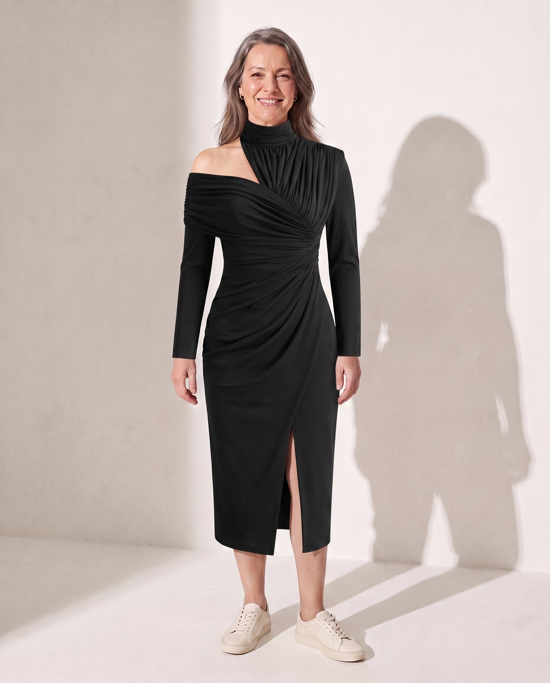 Edith | Ruched One Shoulder Midi Wedding Guest Dress — Black