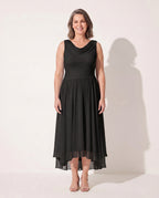 Fleur | Long Sleeve Draped Neck Pleated Midi Dress — Black