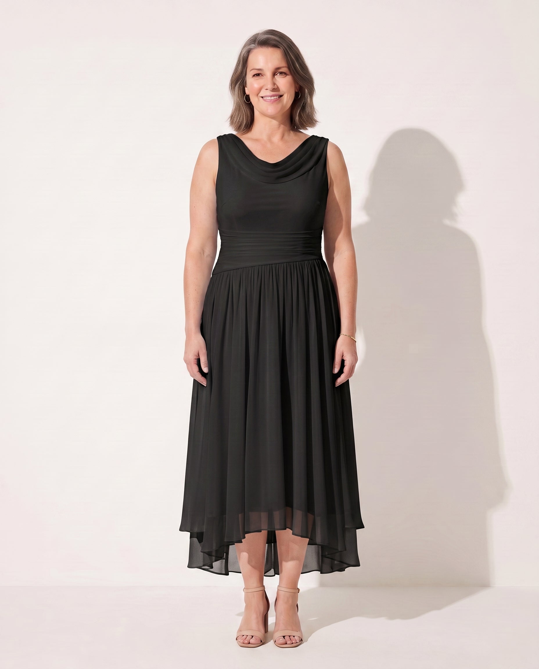Fleur | Long Sleeve Draped Neck Pleated Midi Dress — Black