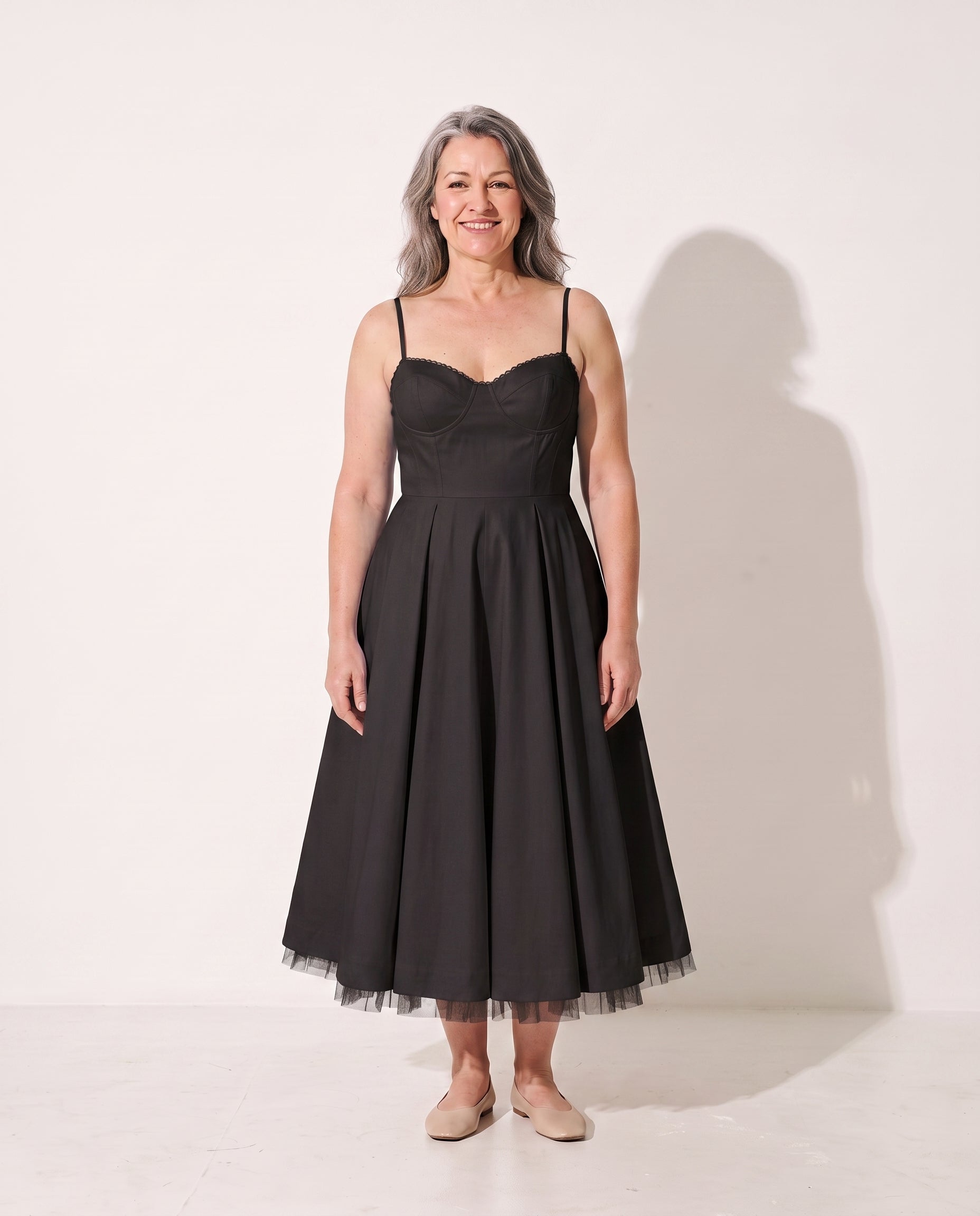 Lucinda | Formal Midi Dress With Corset Bodice & Full Skirt — Black