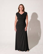 Georgiana | Long Sleeve Wedding Guest Dresses Cowl Neck Ruched Maxi — Black