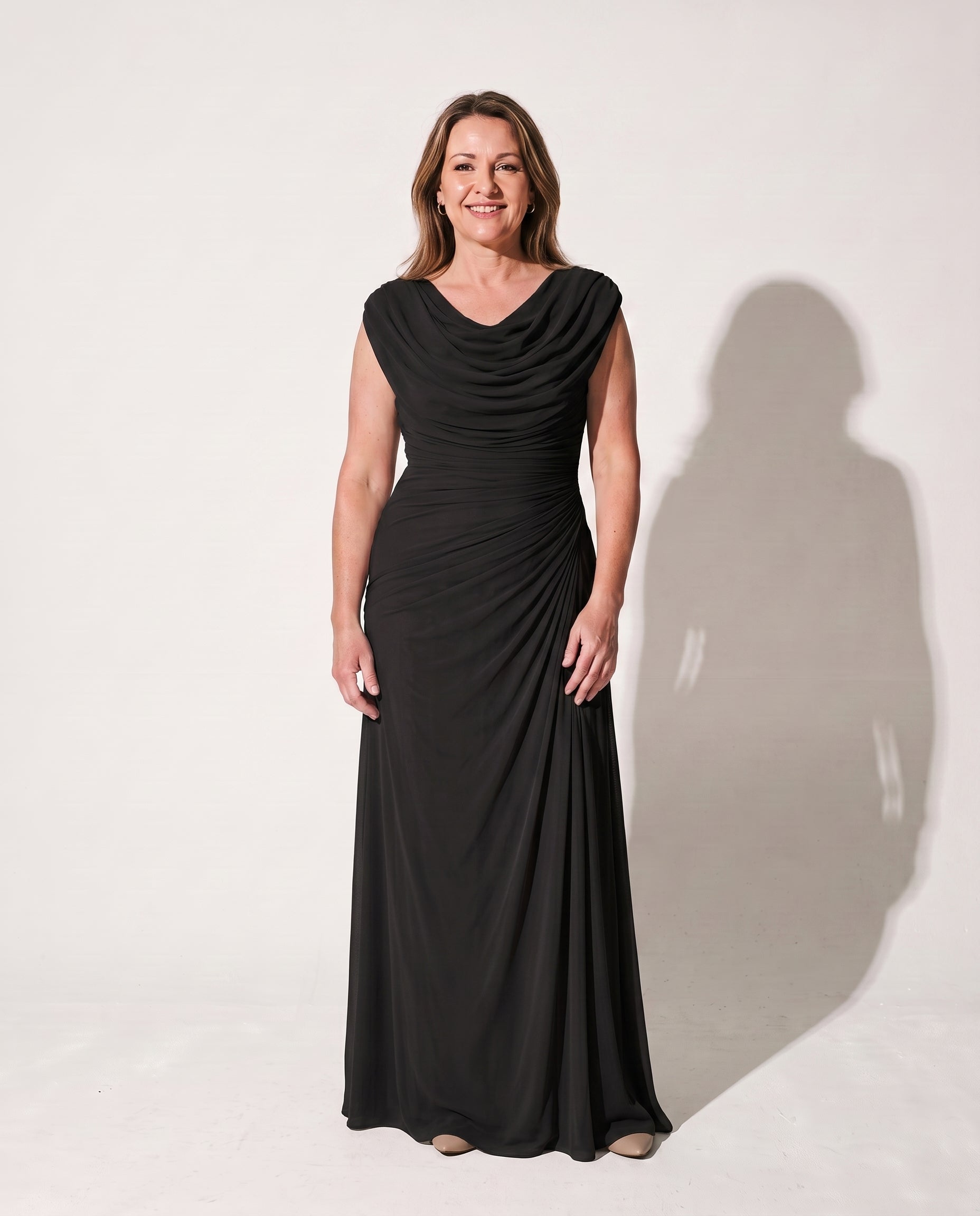Georgiana | Long Sleeve Wedding Guest Dresses Cowl Neck Ruched Maxi — Black