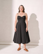 Persephone | Corset Midi Wedding Guest Dress With Full Skirt — Black