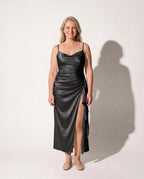 Coralie | Plus Size Evening Dresses Draped Satin Split Maxi — Black