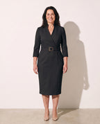 Philippa | Long Sleeve V-Neck Belted Midi Dress Workwear — Black