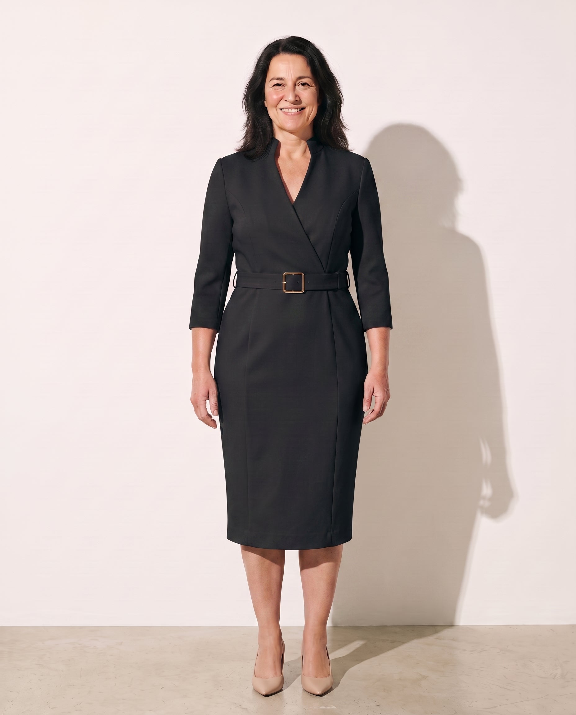 Philippa | Long Sleeve V-Neck Belted Midi Dress Workwear — Black