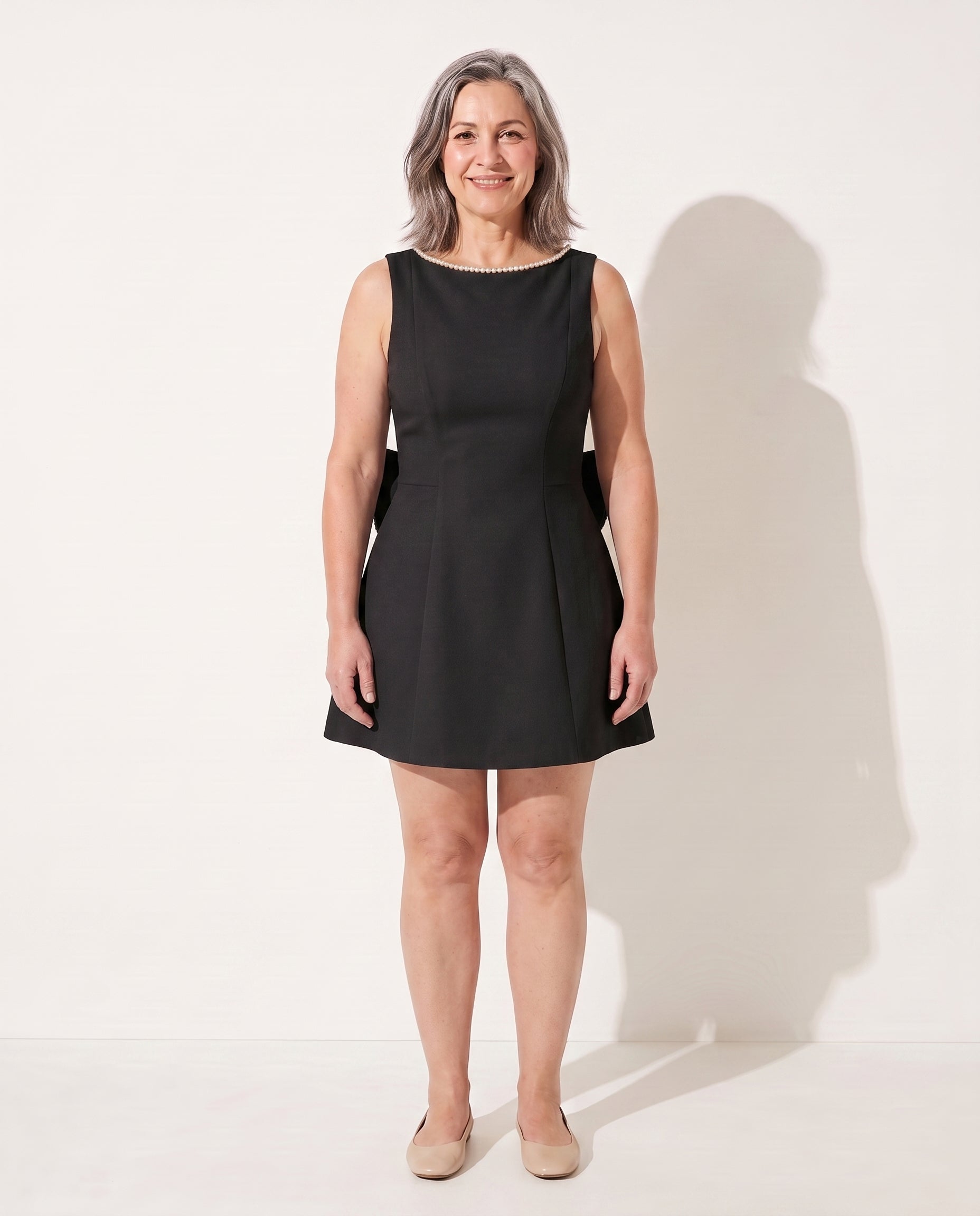 Lucienne | Pearl Neckline Sculpted Mini Dress — Black