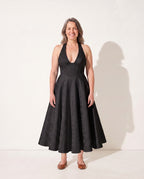 Celeste | Floral Print Halter Neck Midi Dress with Tulle Skirt — Black