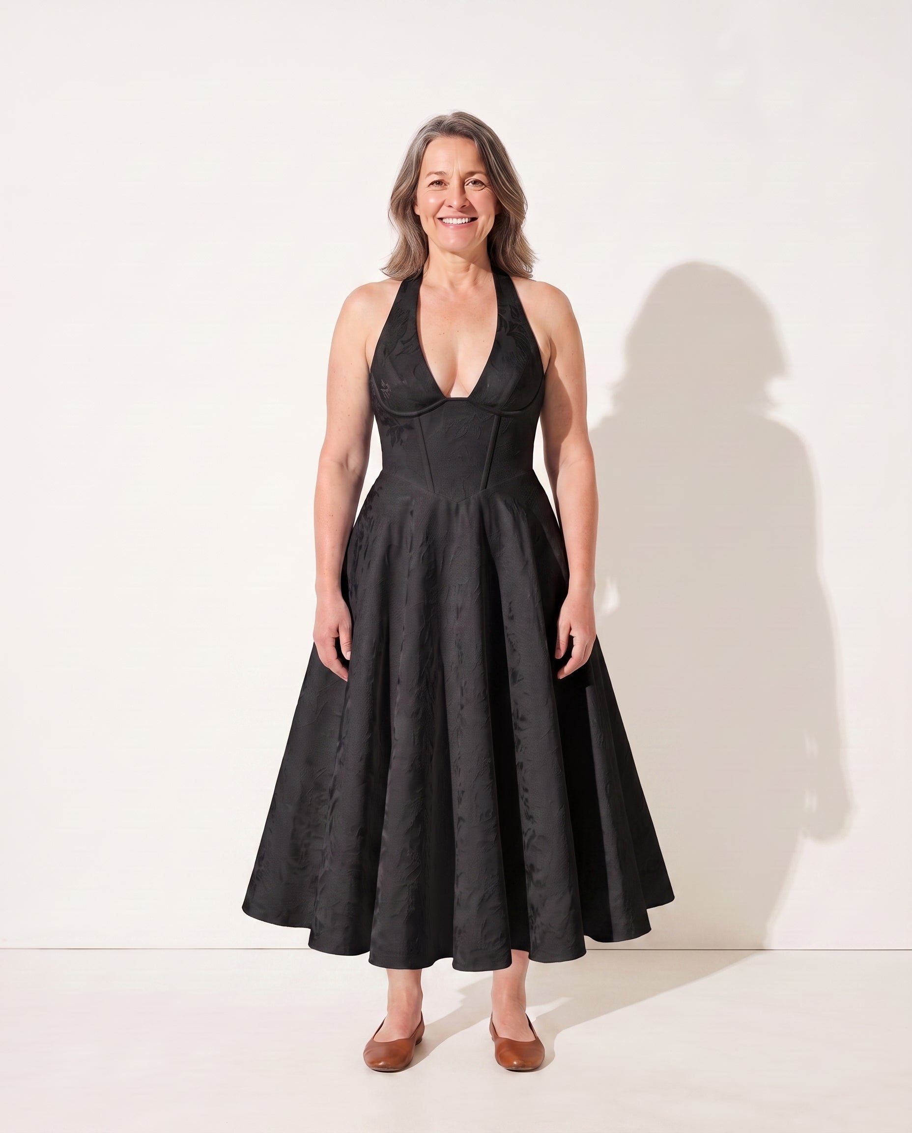 Celeste | Floral Print Halter Neck Midi Dress with Tulle Skirt — Black