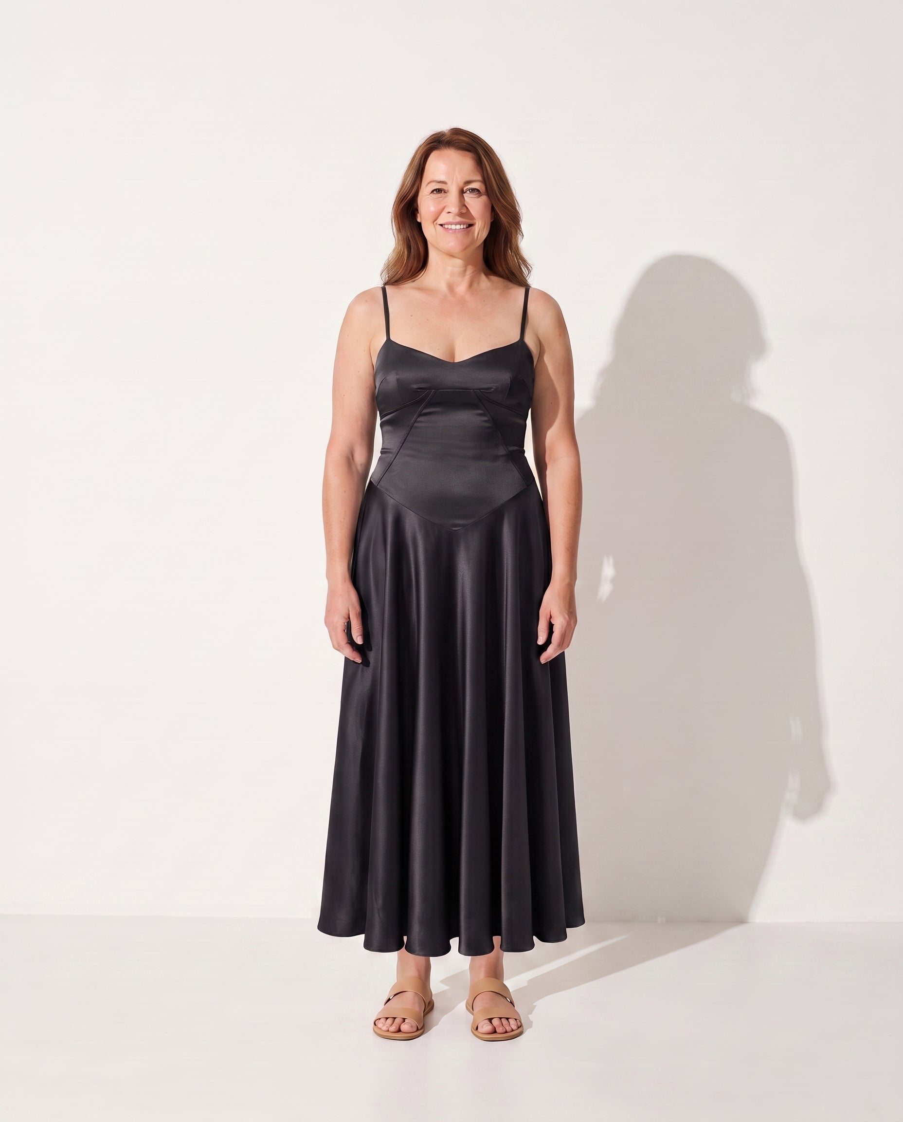 Isadora | Long Sleeve Satin Wedding Guest Dress — Black