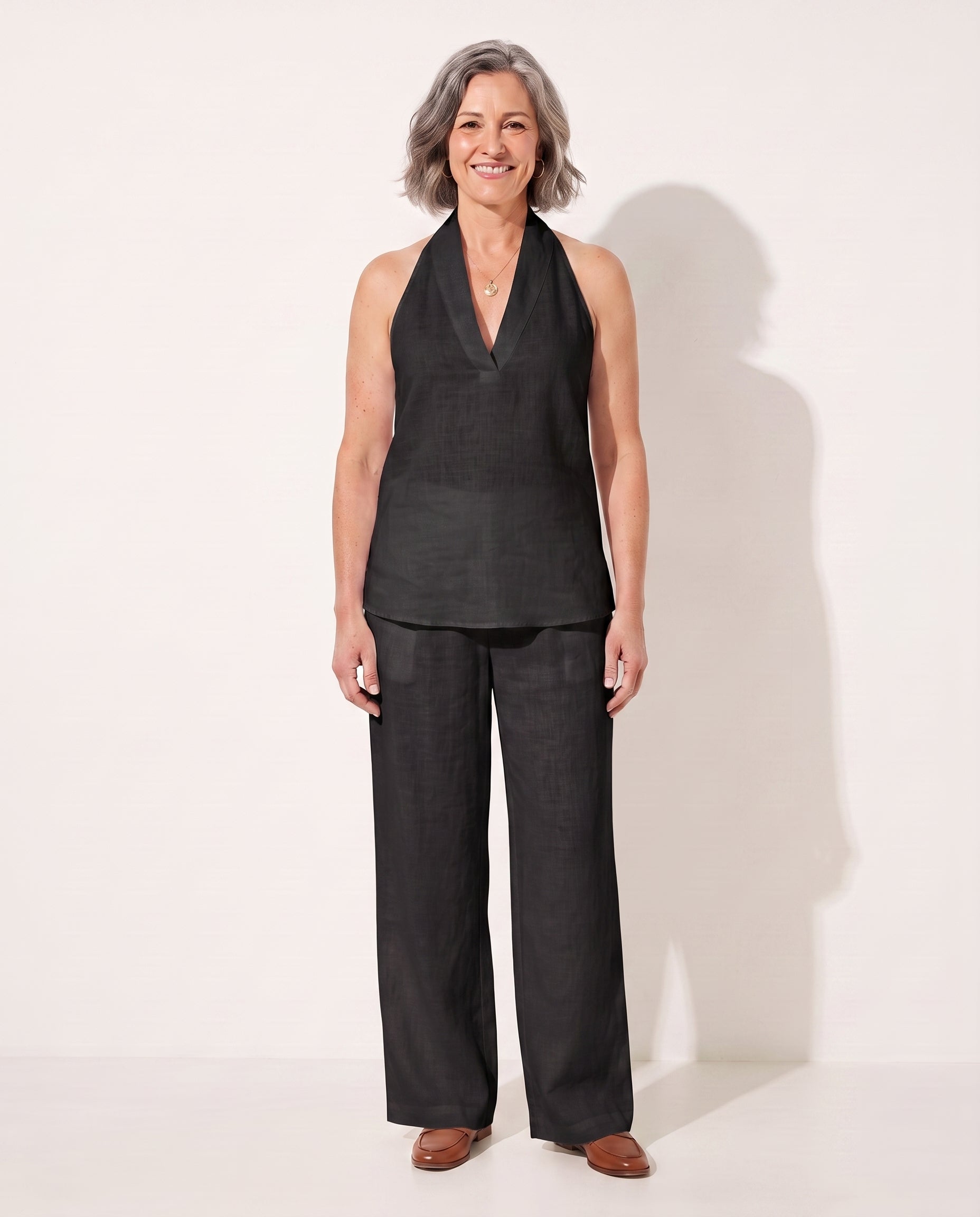 Josephine | Camel Wide Leg Trousers Halterneck Co-Ord Set — Black