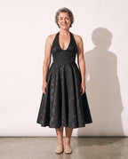Arabella | Velvet Plunge Halter Midi Dress — Black