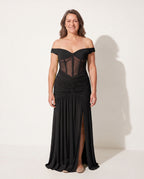 Camille | Off Shoulder Ruched Mesh Evening Maxi Dresses — Black