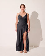 Rosalind | Long Sleeve Satin Maxi Dress Cowl Neck Evening Gown — Black