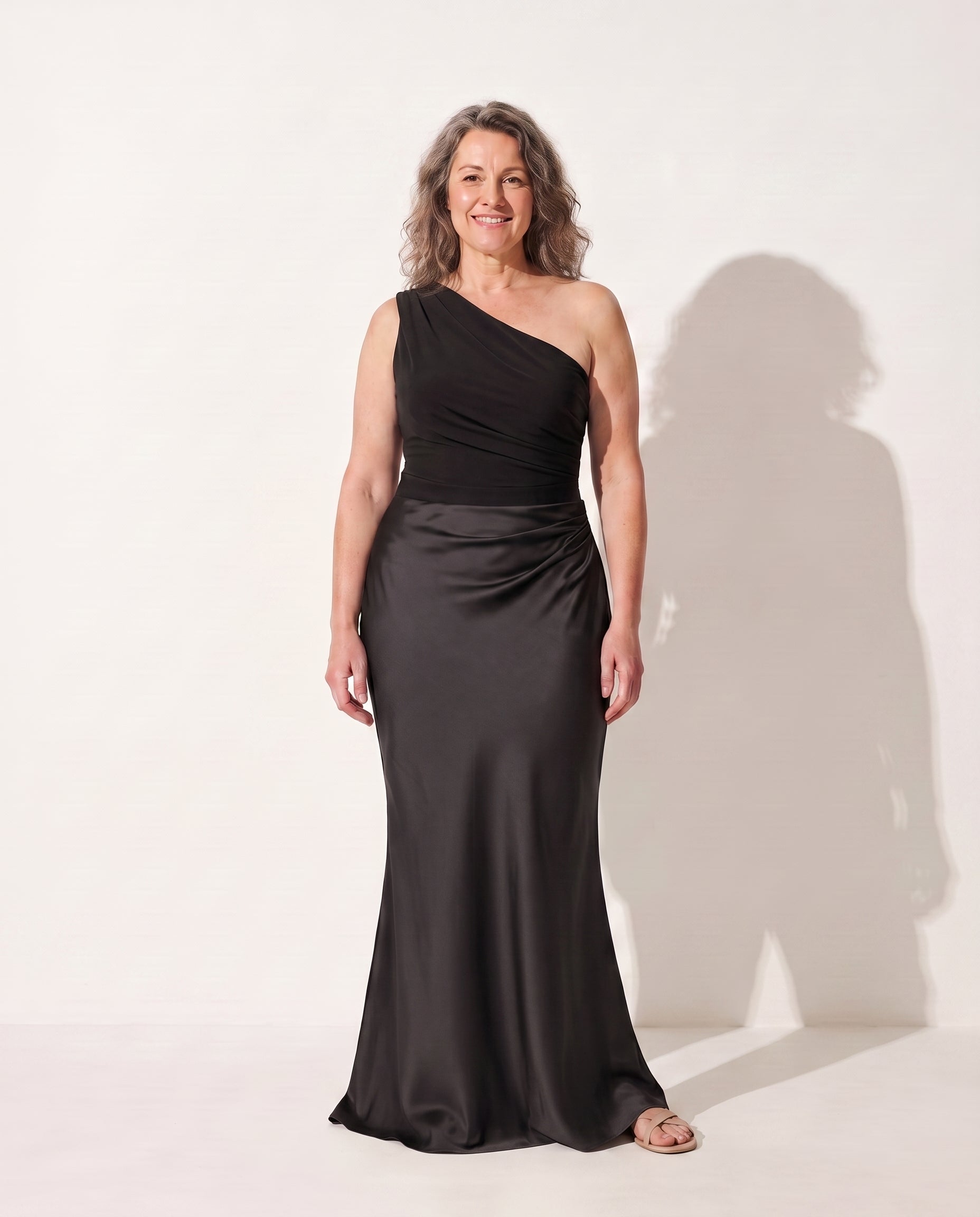 Sidonie | Long Sleeve Satin One Shoulder Wedding Guest Dresses — Black