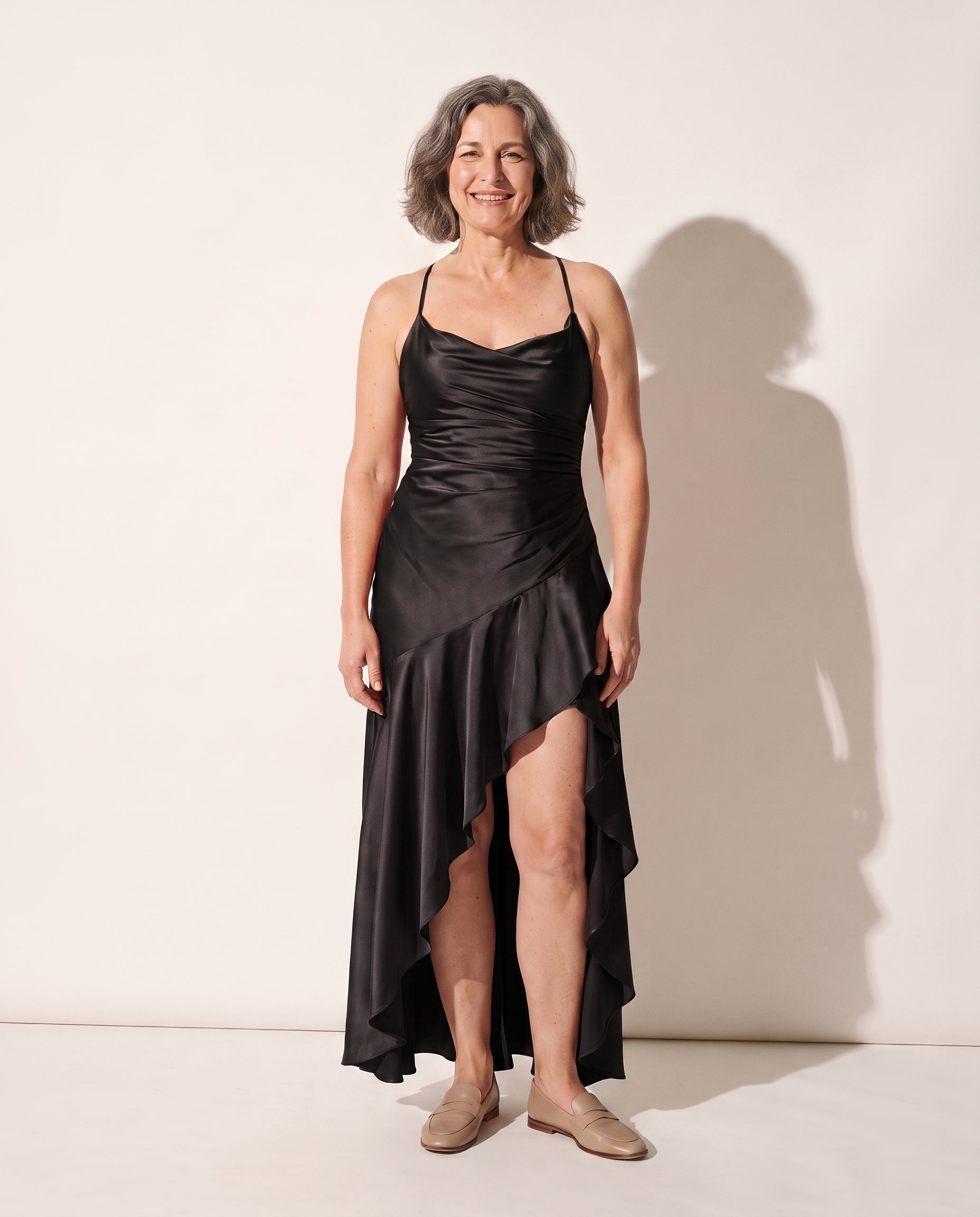 Henriette | Women Cowl Neck Satin Slip Maxi Dress — Black