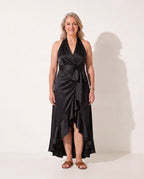 Wilhelmina | Satin Halter Evening Maxi Dresses For Formal Wear — Black