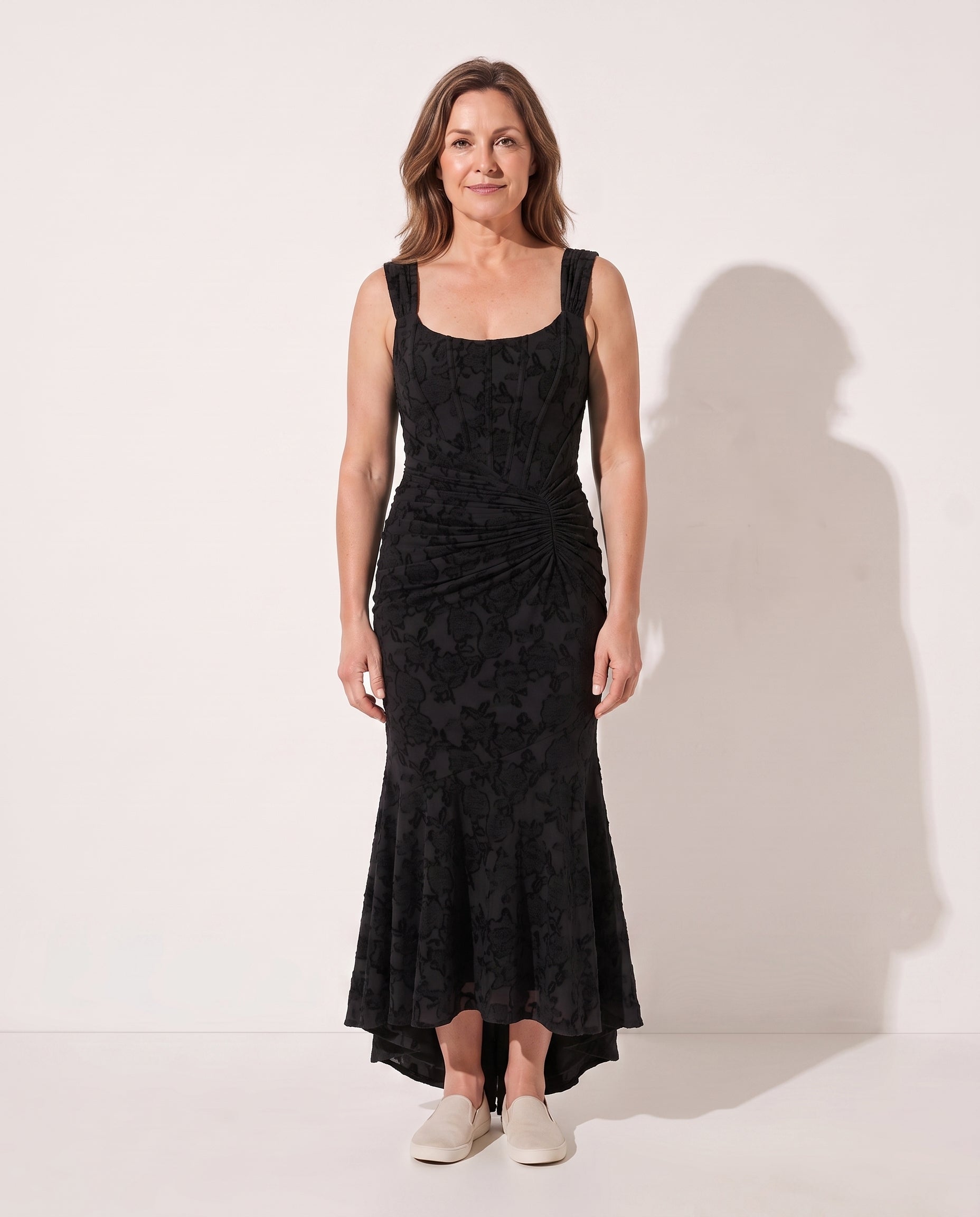 Hermione | Ruched Square Neck Evening Maxi Dresses — Black