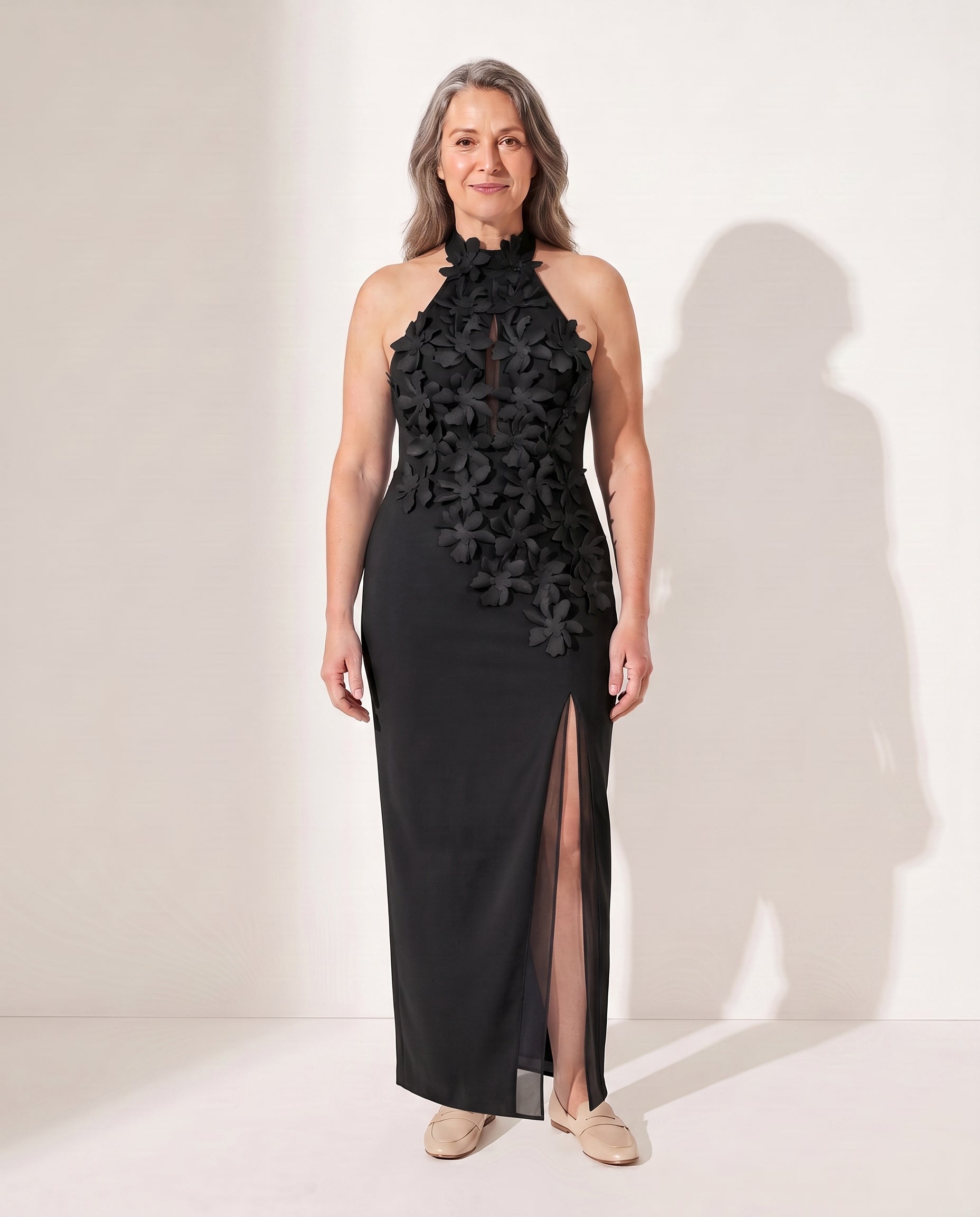 Henriette | Formal Dresses For Women Halter Floral Maxi — Black