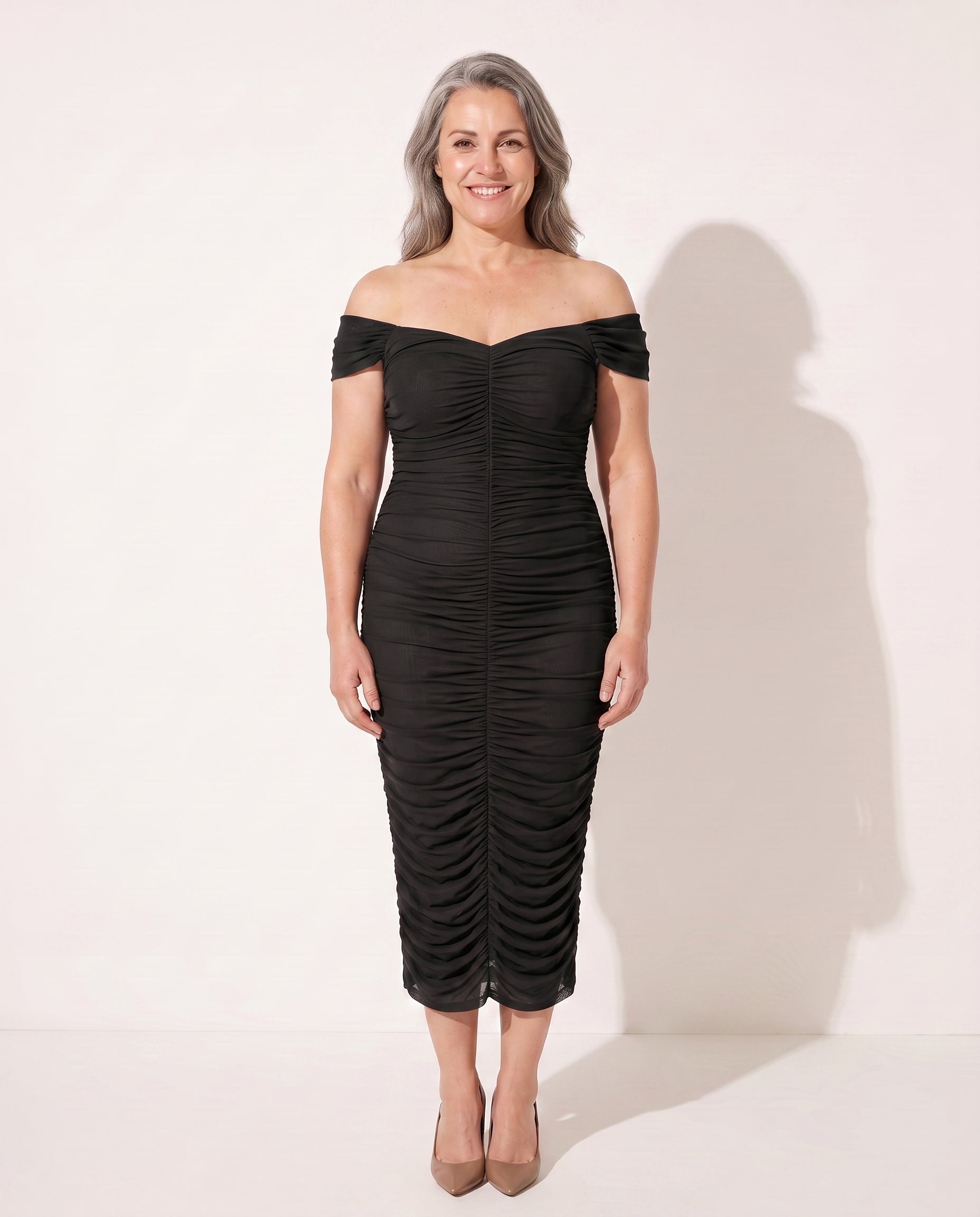 Giselle | Long Sleeve Wedding Guest Dresses Ruched Mermaid Gown — Black