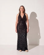 Berenice | Sequin Halter Open Back Maxi Dress Evening — Black