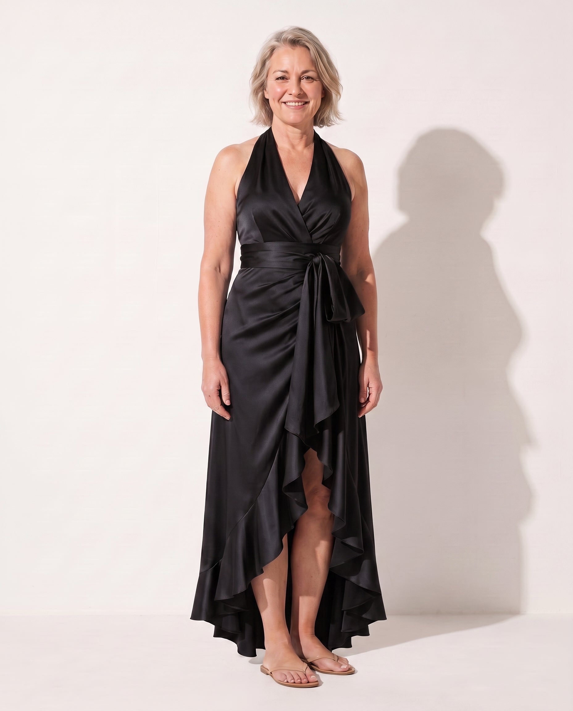 Amandine | Halter Neck Satin Maxi Dress With Ruffle Hem — Black