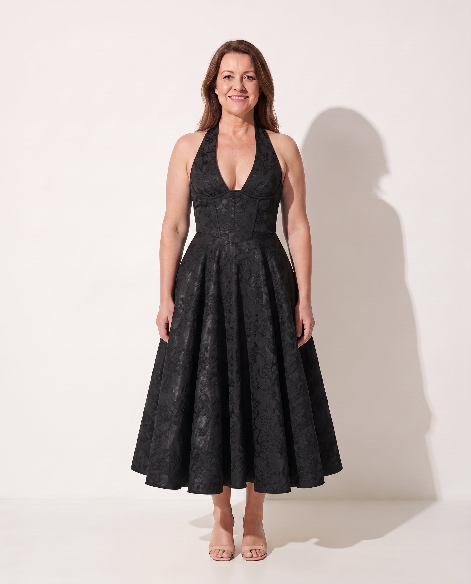 Xanthe | Velvet Halter Neck Midi Dress Wedding Guest — Black