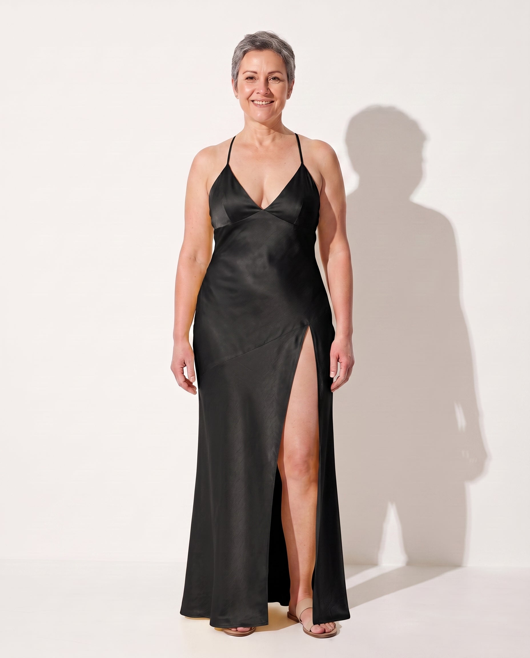 Francesca | Satin Dress High Split Maxi Evening Occasion Gown — Black