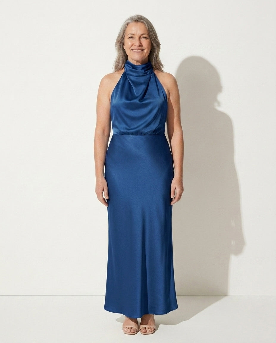 Daphne | Cinderella Cowl Neck Slip Wedding Dress Midi — Blue