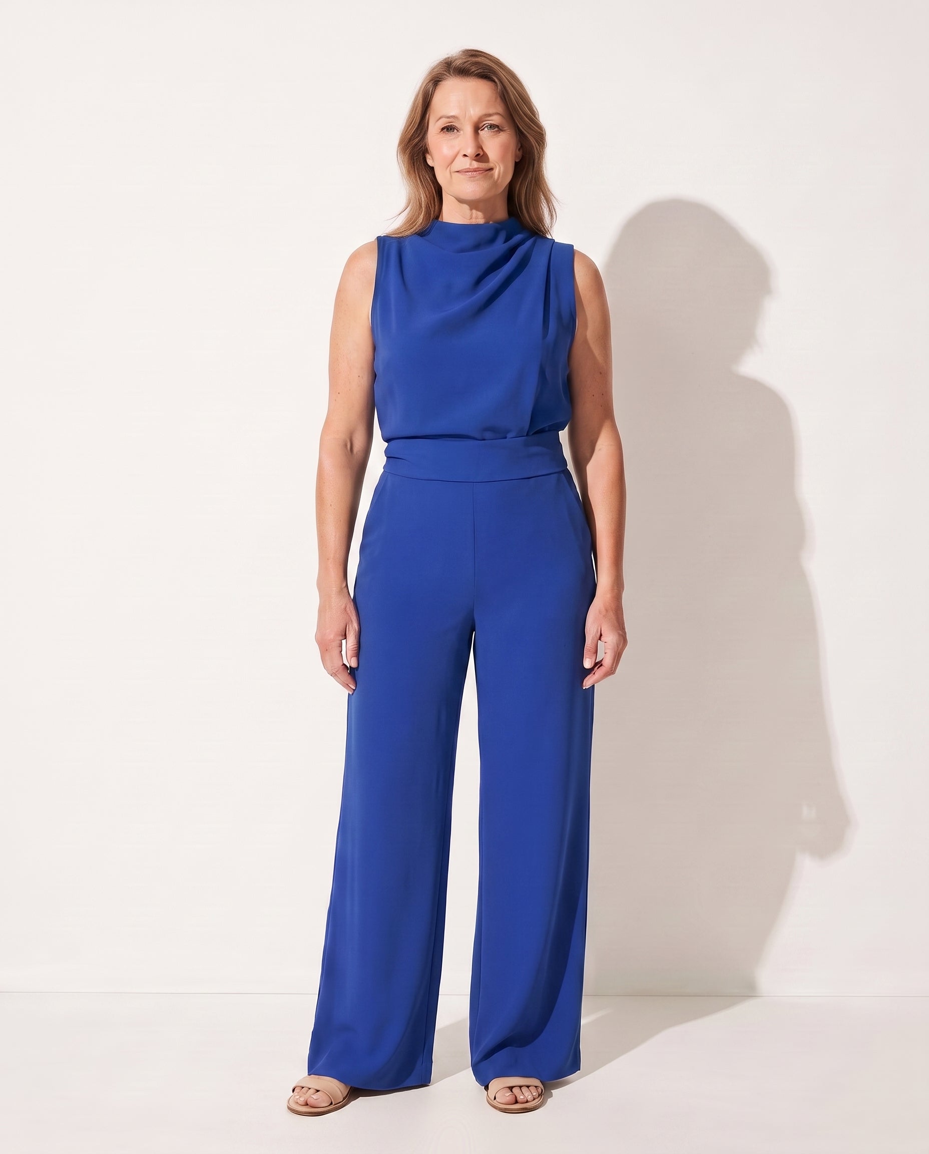 Sylvie | Long Sleeve Formal Jumpsuit Wide Leg High Neck — Blue