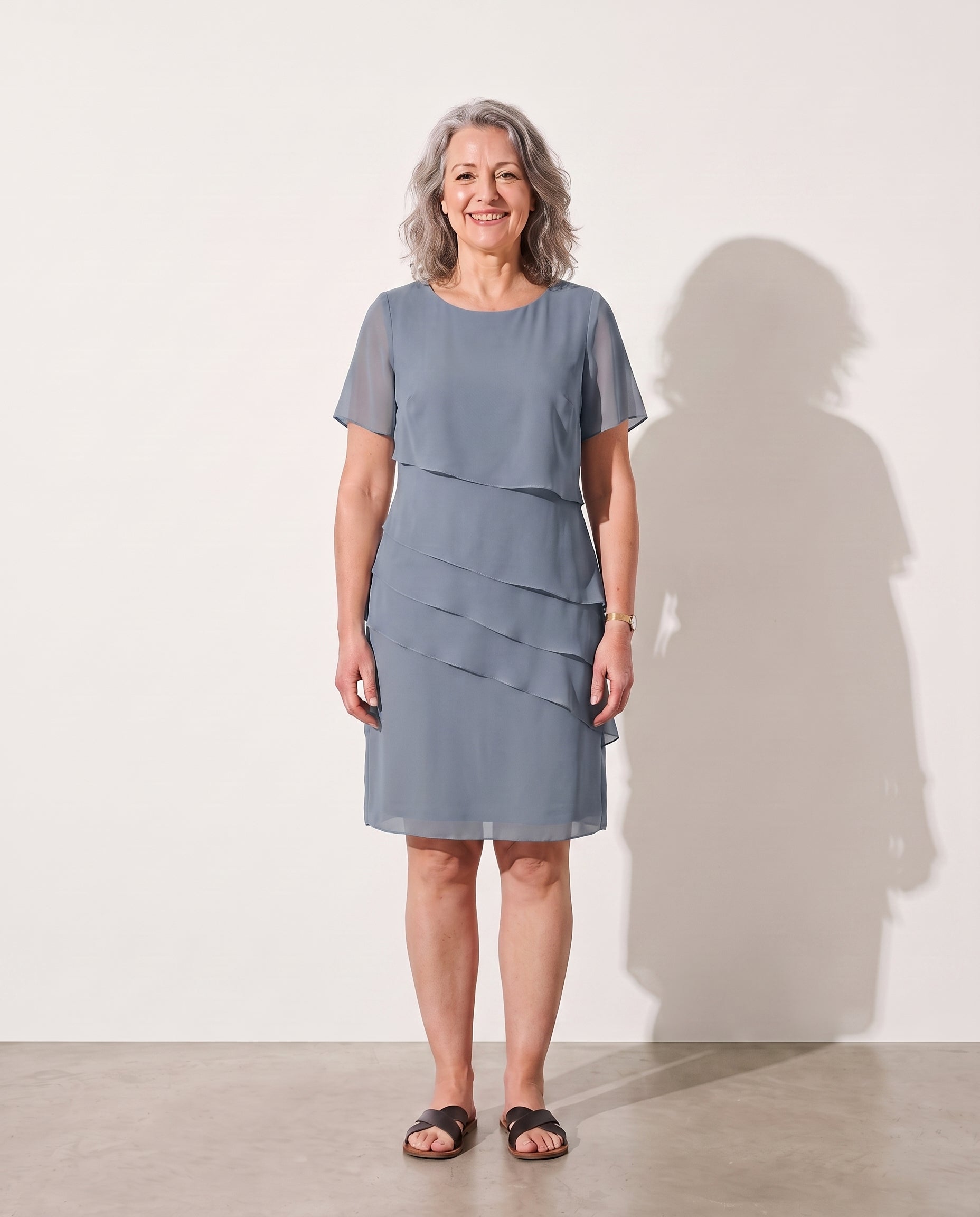 Hermione | Long Sleeve Tiered Chiffon Midi Dress For Occasions — Blue