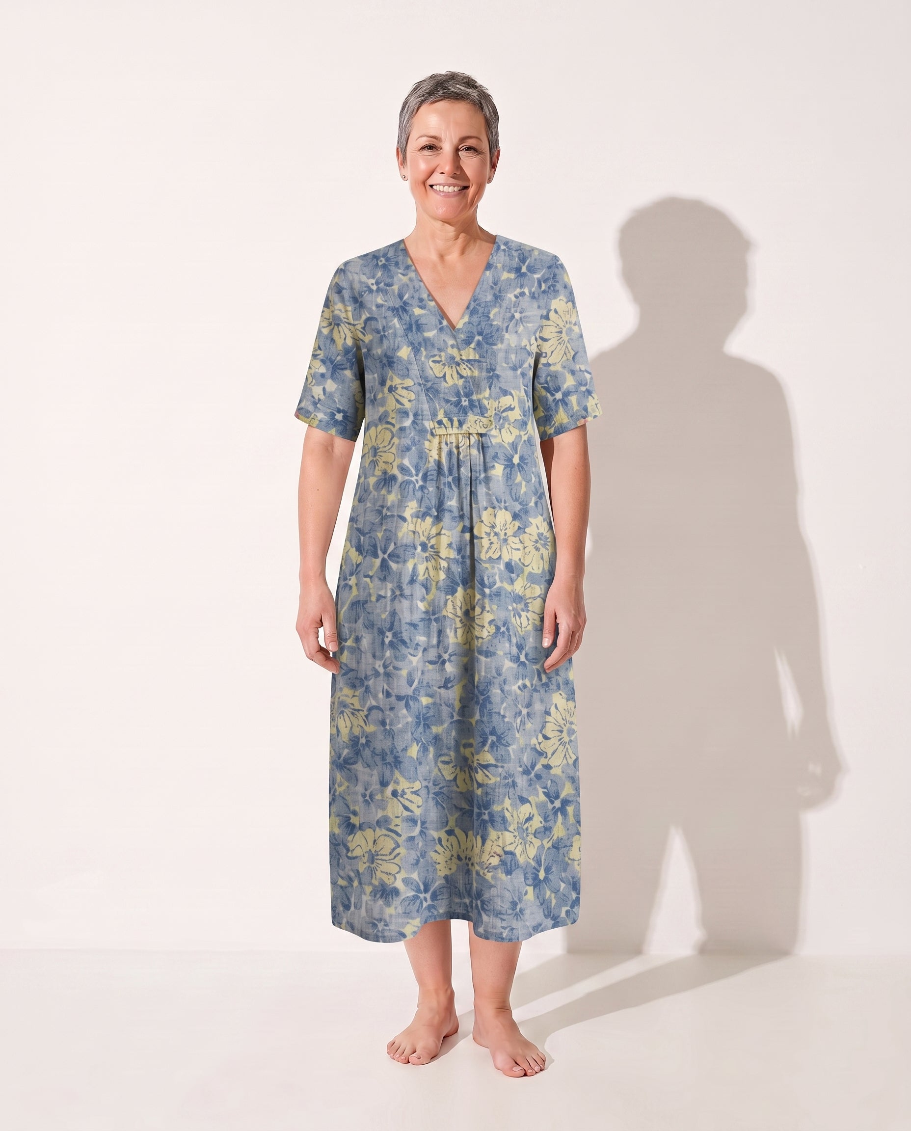 Theodora | Floral Long Sleeve Midi Dress for Garden Parties — Blue