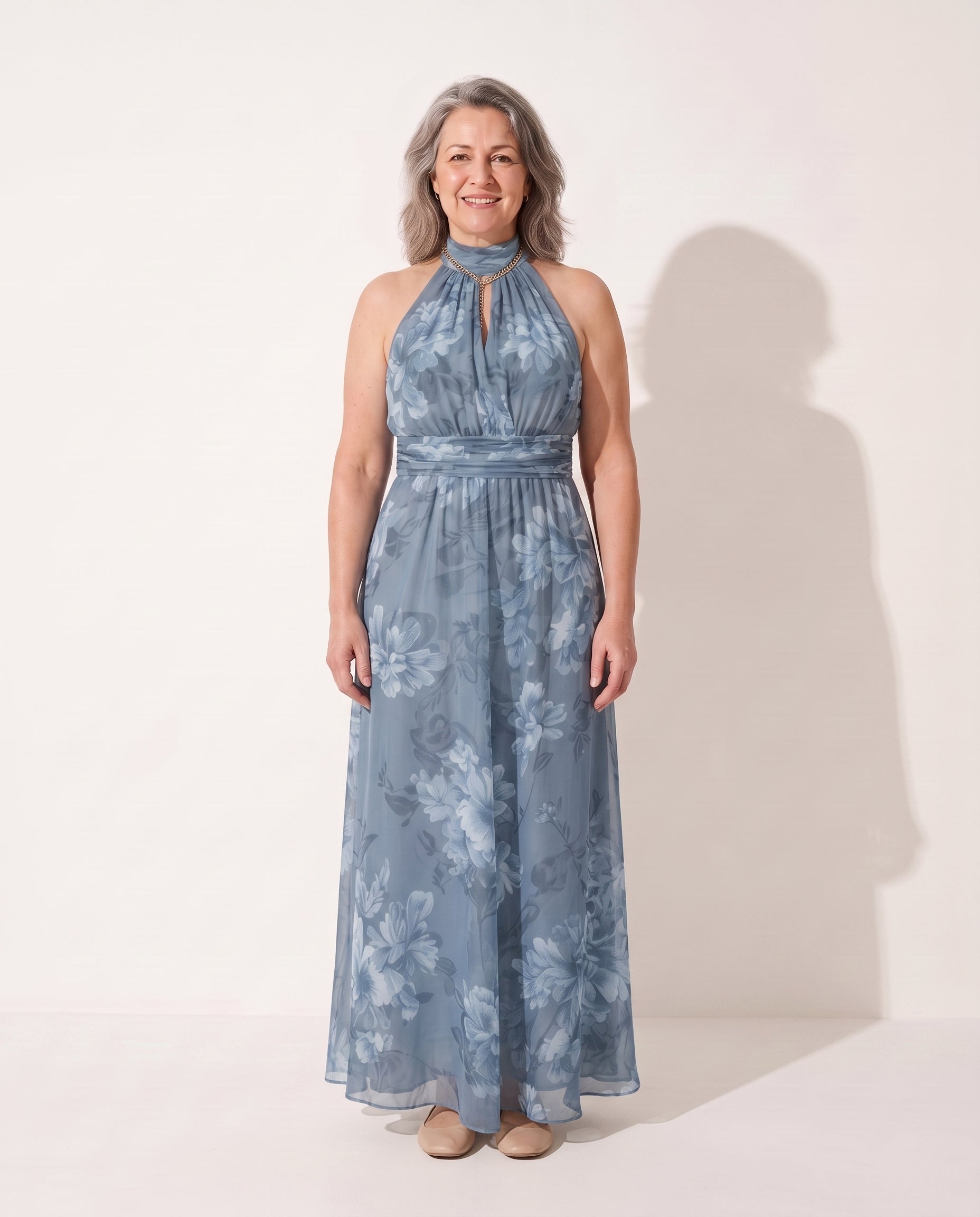Sylvie | Autumn Wedding Guest Dresses Halter Neck Maxi Floral — Blue